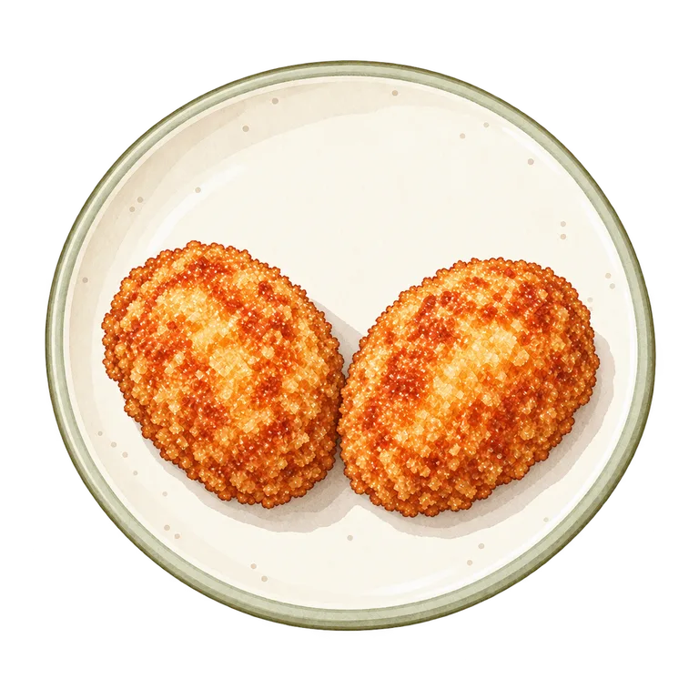 焼いた冷凍ポテトコロッケ2個を盛り付けたイラスト